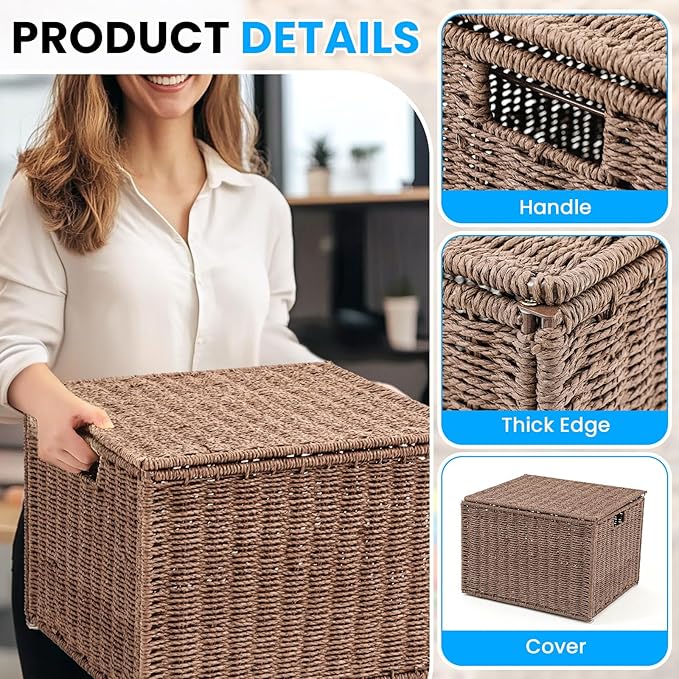 Cinnvoice Extra Large Decorative File Box 18 x 16 x 13 in Wicker Seagrass File Basket Organizer for Letter Legal Size Hand Wo