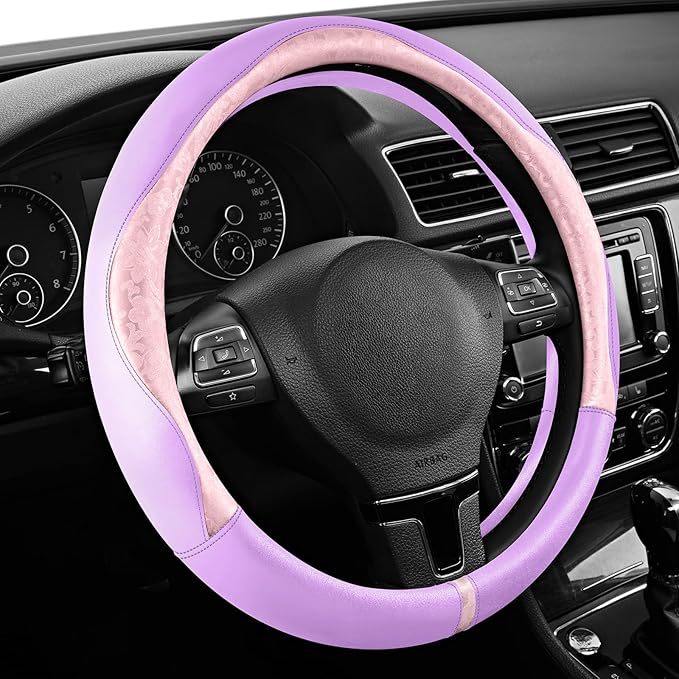 PIC AUTO Steering Wheel Cover, Pink Patterned & Light Purple Leather Patchwork Design, Universal Fit 14.5"–15.5", Anti-Slip, 