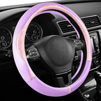 PIC AUTO Steering Wheel Cover, Pink Patterned & Light Purple Leather Patchwork Design, Universal Fit 14.5"–15.5", Anti-Slip, 