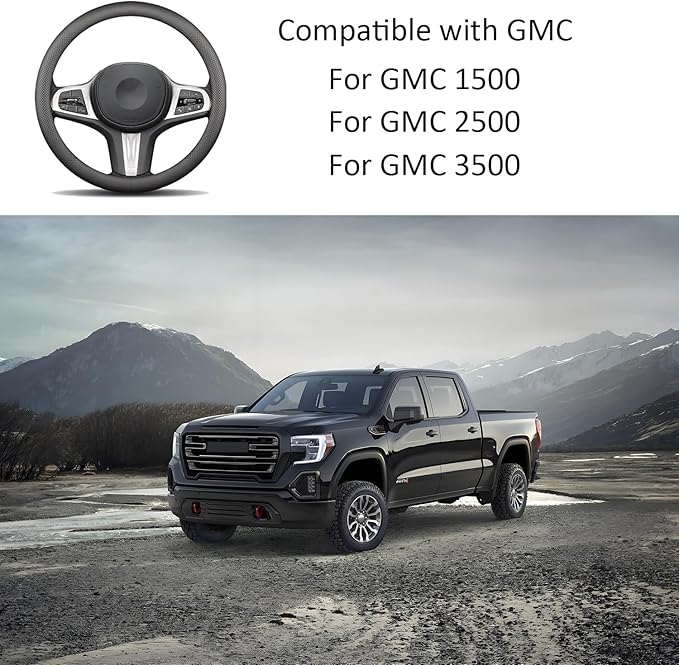 Leather Steering Wheel Cover for GMC Sierra 1500 2500 3500, 14.5-15 inches Car Steering Wheel Cover (Black)