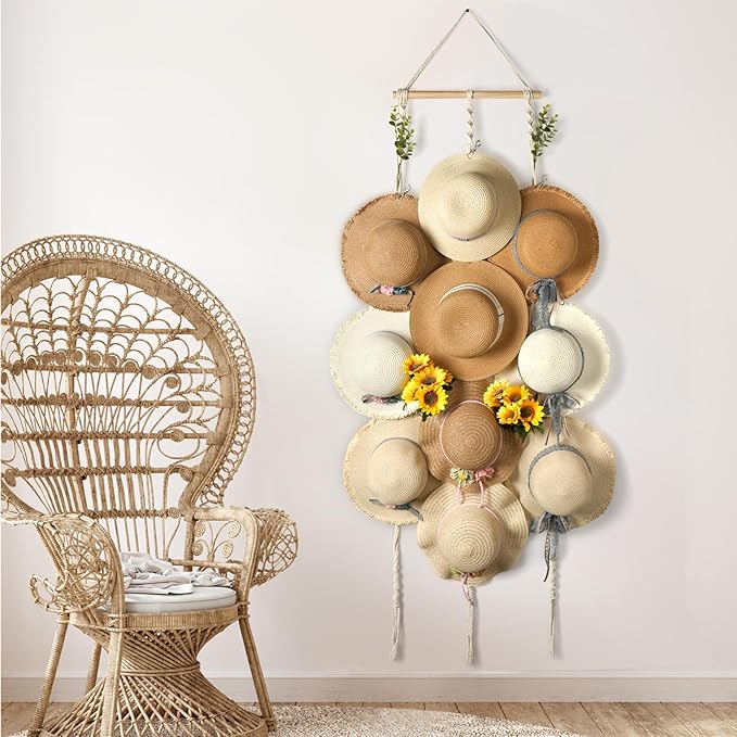 Macrame Hat Hangers for Wall Wide Brimmed Hat Holder Storage 10 Clips Hat Rack Organizer for Wall Display Boho Decor for Fedo