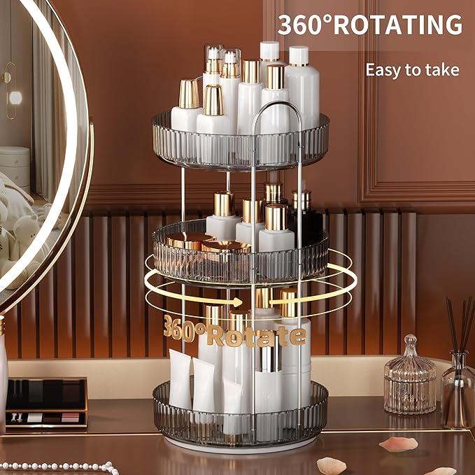 YCIA&DONE 360 Rotating Makeup Organizer and Storage for Vanity Countertop 3 Tiers, High Capacity Cosmetic Skincare Perfume Or