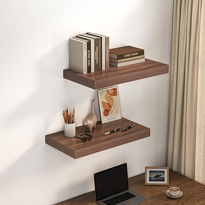 Dreamland 24" Floating Shelves for Wall, 12" Deep Thicker Walnut Floating Shelves, Wall-Mounted Shelves for Bedroom, Living R