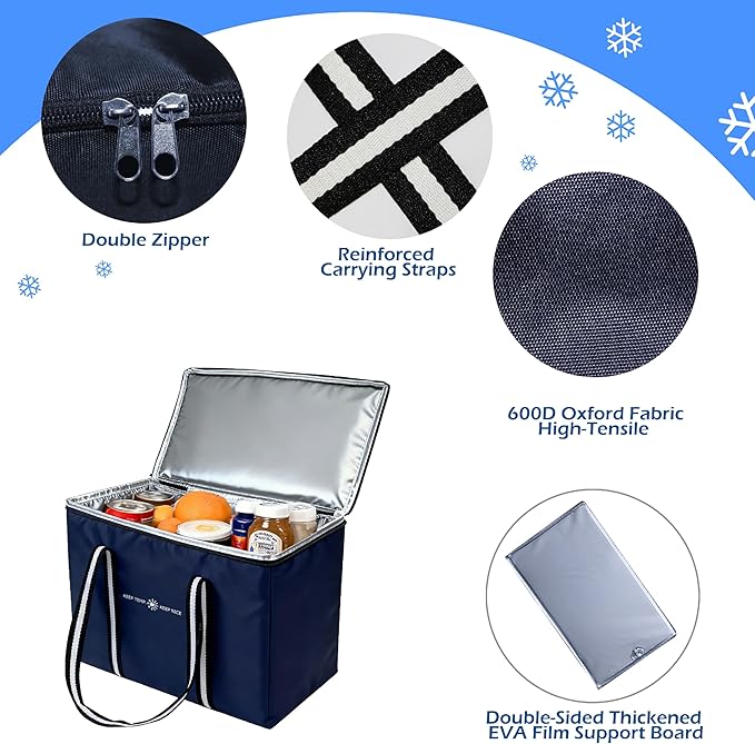 Insulated Reusable Grocery Bag - Zippered Cooler Tote Extra Large Thermal Shopping Bag for Groceries Frozen or Hot Food