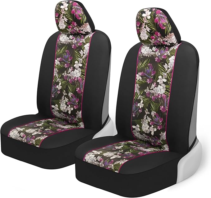 BDK Pink Flower Faux Leather Car Seat Covers for Front Seats, 2 Pack – Floral Pattern with Matching Headrest, Easy Installati