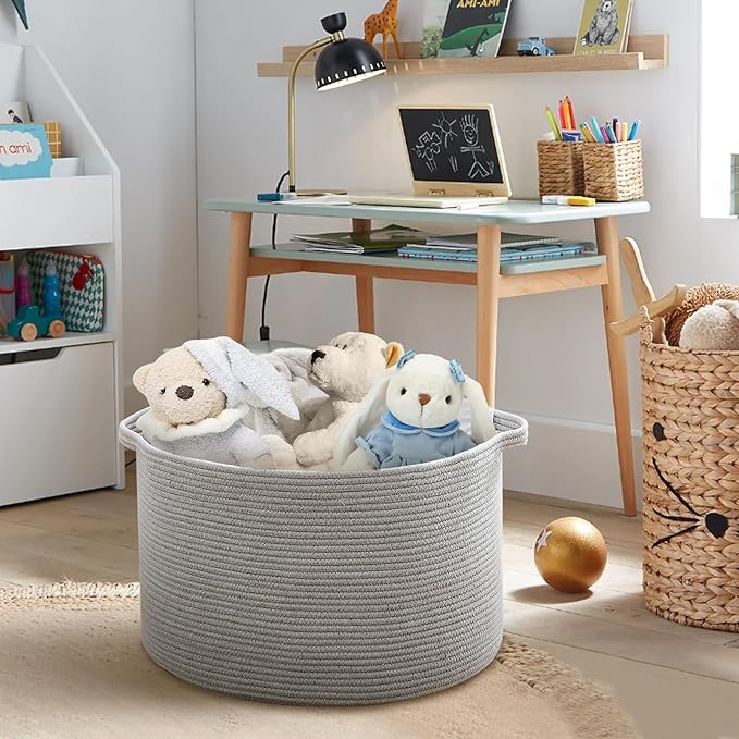 MEGASKET Extra Large Grey Storage Basket, 22" X 22" X 14" XXXL Blanket Basket for Living Room, Gray Wicker Woven Cotton Rope 