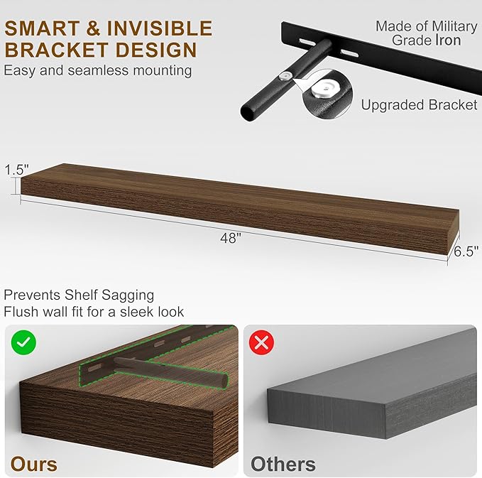 Fun Memories Floating Shelves for Wall, 48Inch Long Floating Shelves Set of 2, Hanging Shelf with Invisible Brackets, Wood Sh
