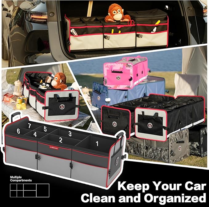 LIBZAKI Car Trunk Organizer,3 Compartments Big Trunk Storage, Large Capacity, Foldable, 95L Heavy Duty Storage Box for Car,