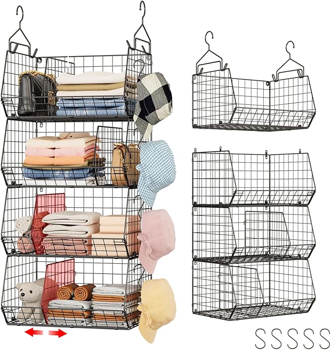 Jautokerdar 4 Tier Hanging Closet Organizer with Dividers,Extra Large Storage Hanging Shelf with 5 S Hooks 4 Dividers,Hang on