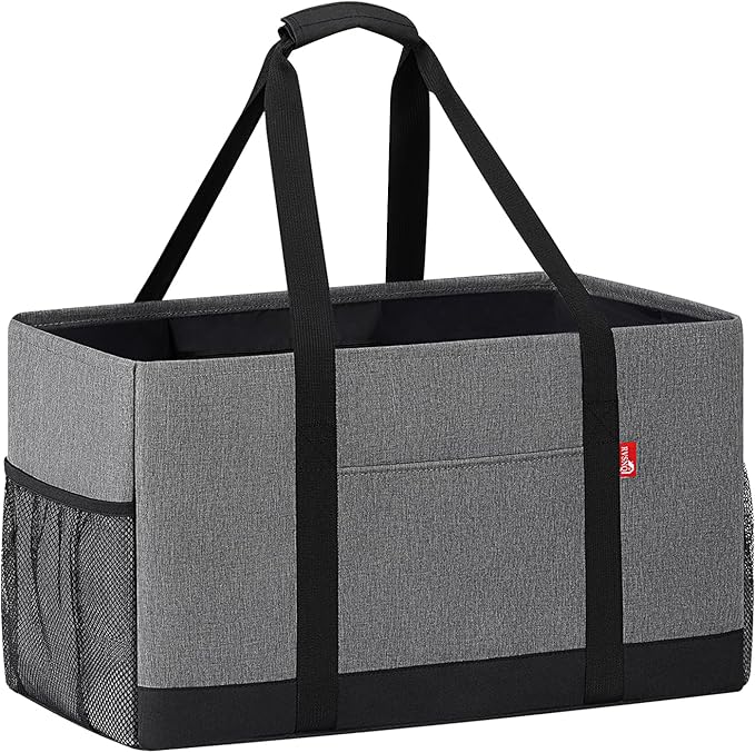 Extra Large Utility Tote Bag, Foldable Reusable Grocery Bags with Metal Wire Frame & Reinforced Bottom Board, Stand Up Large Utility Tote for Shopping, Beach Bag, Laundry, Car (Grey)