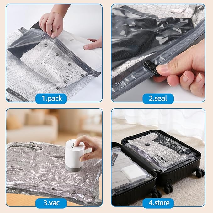 Vacuum Bags For Travel With Rechargeable Air Pump 15 Pack Compression Packing Bags for Luggage, Carry-On Space Saver for Clot