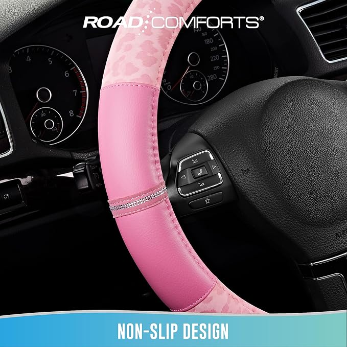 Road Comforts Leopard Steering Wheel Cover for Women, Cute Anti-Slip Microfiber Leather, Universal Fit 14.5-15 Inch Round Ste