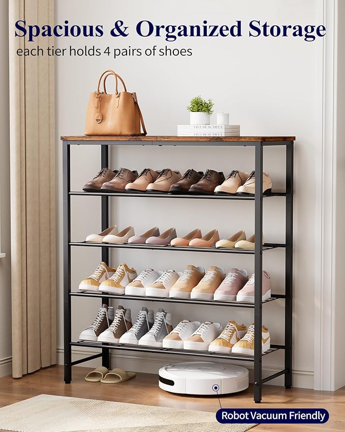 Kitsure Shoe Rack for Closet, Rustic Brown Shoe Organizer with Leveling Feet, Sturdy & Rust-Proof Shoe Storage for Entryway, 