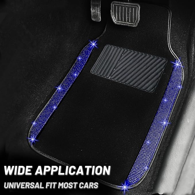 NBTEPEM Bling Car Floor Mats Full Set and Steering Wheel Cover, Universal Fit Most Cars, 4 pcs Sparkle Glitter Diamond Carpet, 5 pcs Bling Car Accessories Set for Women (Blue Diamond)