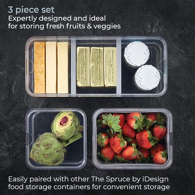 iDesign Crisp 3-Piece Recycled Plastic Refrigerator Organizer Bin Set with Lids, Clear/Gray