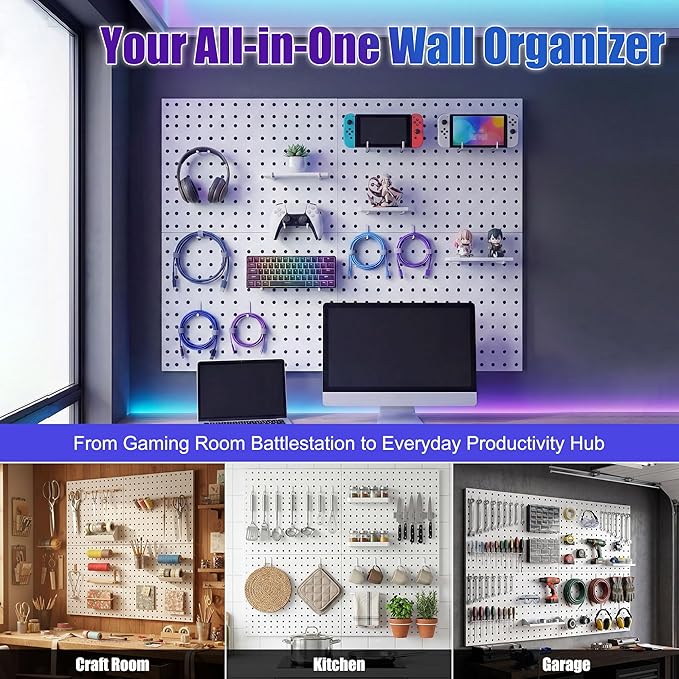 Spampur Peg Board, 4 Pack Metal Peg Board Panels, White PegBoard Wall Organizer for Gaming Room, Office, Craft Room Storage a