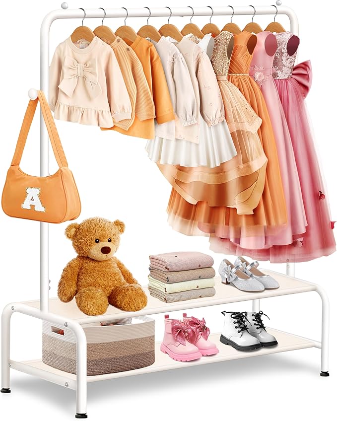 Kids Clothing Rack - Dress Up Clothes Rack - Baby Toddler Closet - Mini Freestanding Coat Racks with 2 Fabric Shelves - Small