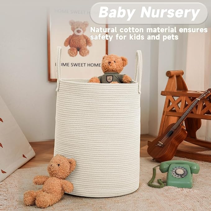 JMvicyroam Large Woven Laundry Basket Hamper,80L Cotton Rope Storage Bin for Blankets,Toys and Clothes,Decorative Tall Nurser