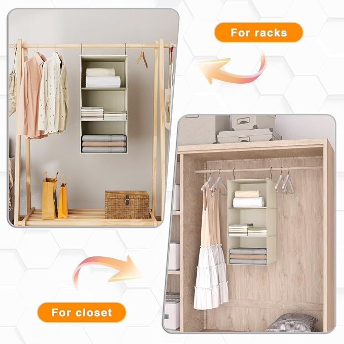 Hanging Closet Organizer and Storage 3-Shelf, Easy Mount Foldable Hanging Closet Wardrobe Storage Shelves, Clothes Handbag Sh