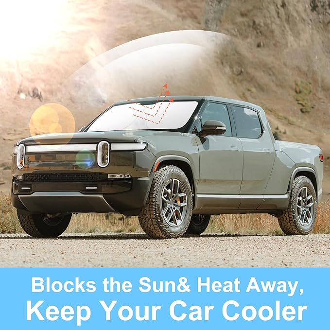 TINGLU Sun Shade for Rivian R1T 2022-2025 2026 Accessories Windshield Sun Shade Window Shade UV Rays Protection Sun Visor Cover with Steering Wheel Sunshade Storage Bag