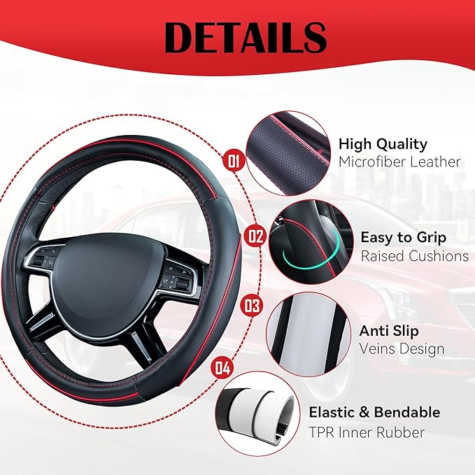 Car Pass Colour Piping Leather Steering Wheel Cover,Perfectly fit for 14.5-15 inches for Various Vehicles SUVs,Vans,Sedans,Ca
