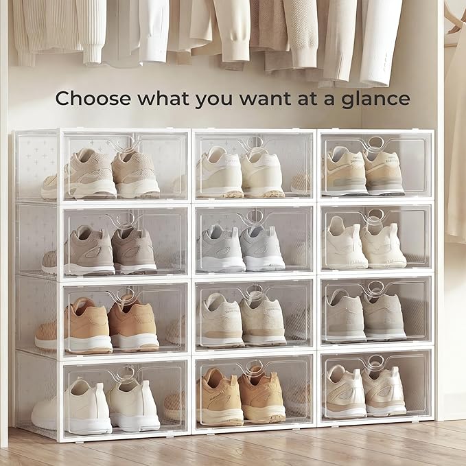 Pinkpum 15 Pack X-Large Shoe Storage Boxes Fit US Size 11, Shoe Organizer for Closet Clear Plastic Stackable Shoe Dispaly Cas