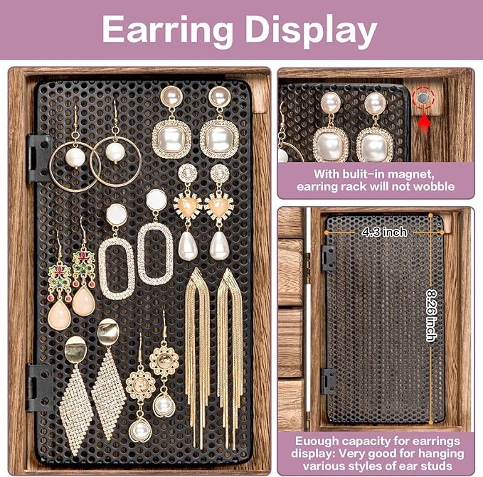 Meangood Jewelry Box Wood for Women, 5-Layer Large Organizer Box with Mirror & 4 Drawers for Rings, Earrings, Necklaces, Vint