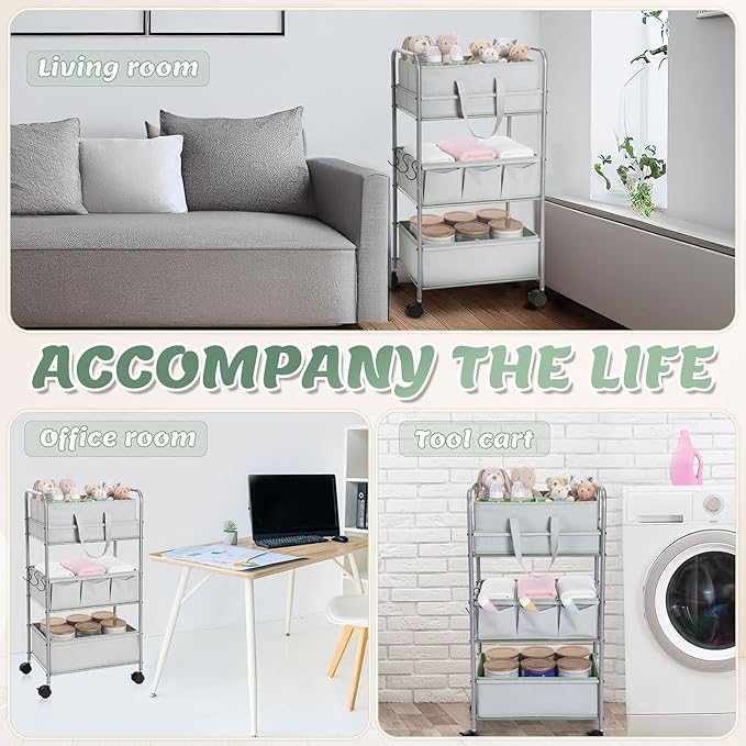 FoldTier 2in1 Colorful Baby Diaper Caddy Organizer Cart 3 Tier Large Capacity Metal Utility Bedside Rolling Cart with Divider