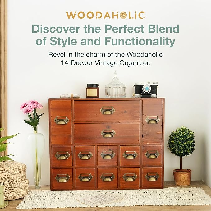 14-Drawer Apothecary Cabinet - Index Card Organizer - Miniature Chest of Drawers - Brass Handle Organizer - Kids' Arts and Cr