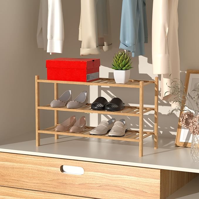 RONGJlA 3 Tier Bamboo Shoe Rack for Closet Free Standing Wood Shoe Shelf Storage Organizer for Entryway Small Space Stackable