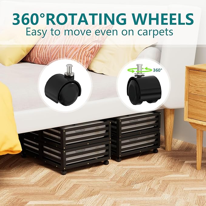 Bamboo Under Bed Storage Containers- Underbed Organizer with Wheels with Large Capacity Dust Bag,Sturdy Wood Rolling Under Be