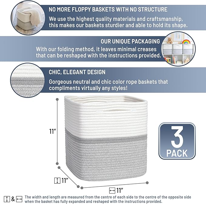 NaturalCozy Storage Cubes 11 Inch Cotton Rope Woven Baskets for Organizing, 3-Pack | Cube Storage Bin | Square Storage Basket