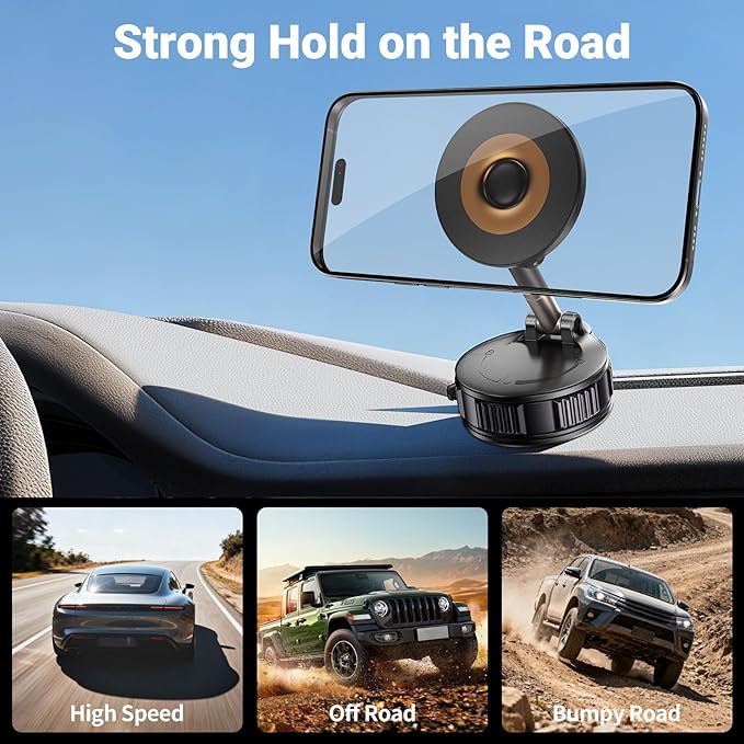 For MagSafe Car Mount, Foldable Vacuum Magnetic Phone Holder for Car, 360° Adjustable Suction Cup Magnetic Car Phone Holder Mount, Car Accessories for iPhone 17 16 15 14 13 Samsung All Phones, Black