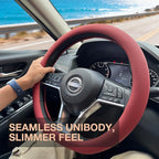 PINCTROT D Shaped Nappa Leather Steering Wheel Cover, Slim Fit No Bulk Design, One Piece Leather with Breathable Perforation,