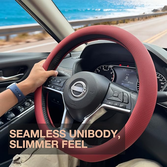 PINCTROT D Shaped Nappa Leather Steering Wheel Cover, Slim Fit No Bulk Design, One Piece Leather with Breathable Perforation,