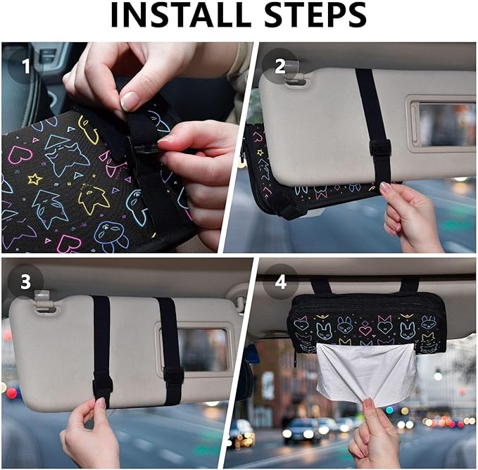 Car Tissue Holder Car Visor Organizer Tissue Box Holder for Car Sun Visor Organizer with Car Vehicle Accessories Essentials Interior for Women Men Neon Bunny Fox Geometric