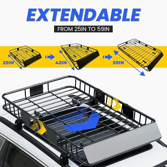ECOTRIC 59" x 39" x 5.1" Universal Adjustable Roof Rack Cargo Carrier Basket with Extension Heavy Duty Steel Car SUV Top Luggage Storage Holder Basket for Travel 250LBS Weight Capacity