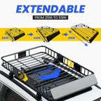 ECOTRIC 59" x 39" x 5.1" Universal Adjustable Roof Rack Cargo Carrier Basket with Extension Heavy Duty Steel Car SUV Top Luggage Storage Holder Basket for Travel 250LBS Weight Capacity
