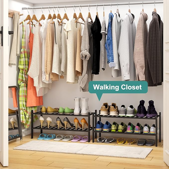 viewcare 2-Tier Black Bamboo Shoe Rack for Entryway, Stackable | Foldable | Natural, Shoe Shelf Storage Organizer for Hallway