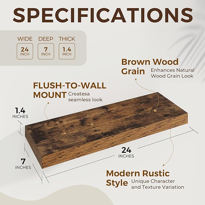 Dreamland 24 Inches Floating Shelves for Wall,6.7 Inch Deep Floating Shelves Set of 2, Large Display & Storage Shelf, Wall Sh