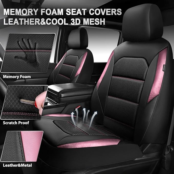 CAR PASS Memory 3D Foam Car Seat Covers Full Set, Breathable Mesh Thick Seat Covers for Car, Pink Metal Film Leather Seat Cov