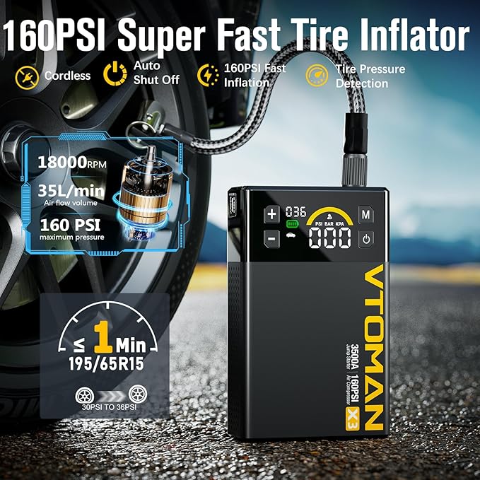 VTOMAN X3 Jump Starter with Air Compressor, 3500A Portable Car Battery Jumper Starter (9L Gas/8.5L Diesel Engines) with