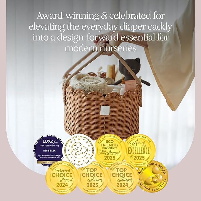 BEBE BASK Premium Baby Diaper Caddy Organizer - Handmade & Award-Winning Scalloped Rattan Basket - Luxury Diaper Caddy Basket