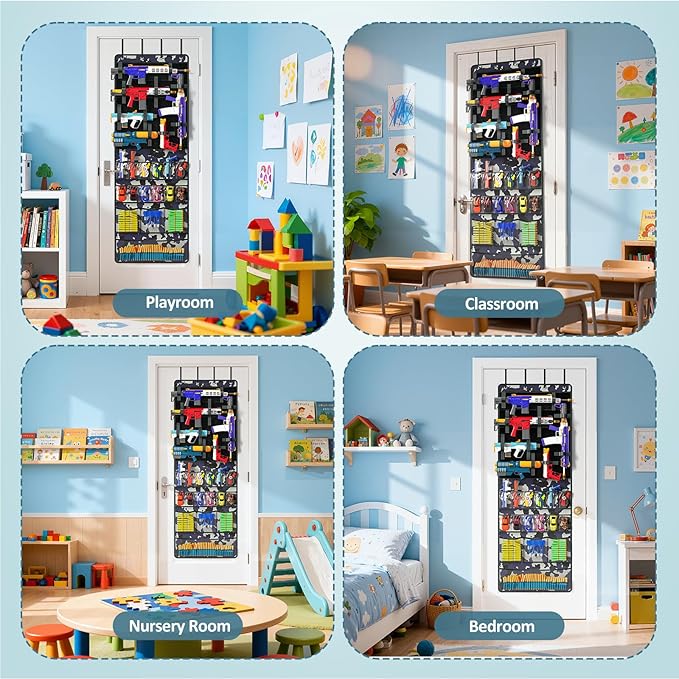 Over The Door Organizer for Toy Guns, Toy Storage, Toys Organizer with Pockets, Hook&Loop Straps for Foam Blasters, Darts, Go