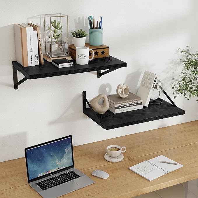 Floating Shelves, 12 Inch Deep Rustic Wood Wall Storage, 24W x 12D Wall Shelves Set of 2, Heavy Duty Metal Brackets, Large In