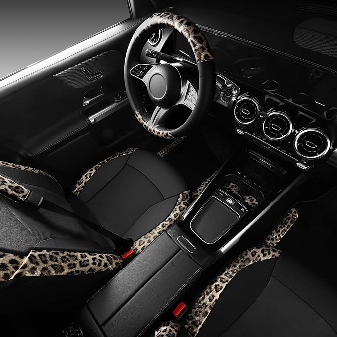 CAR PASS Leopard Print Faux Leather Car Seat Covers & Leopard Car Mats&Leopard Steering Wheel Cover Seat Belt Universal Car A