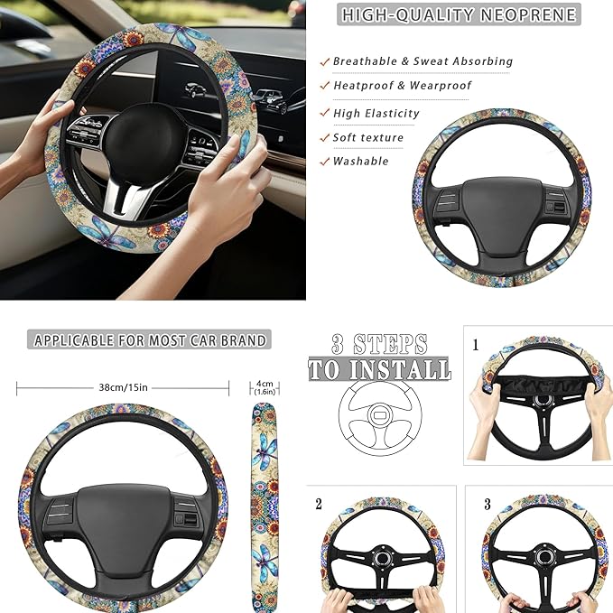 Dragonfly Car Seat Cover Full Set with Steering Wheel Cover Seat Belt Pads Auto Armrest Covers Boho Flower Cup Holders Keychain Lipstick Holder Fit for Most Vehicles