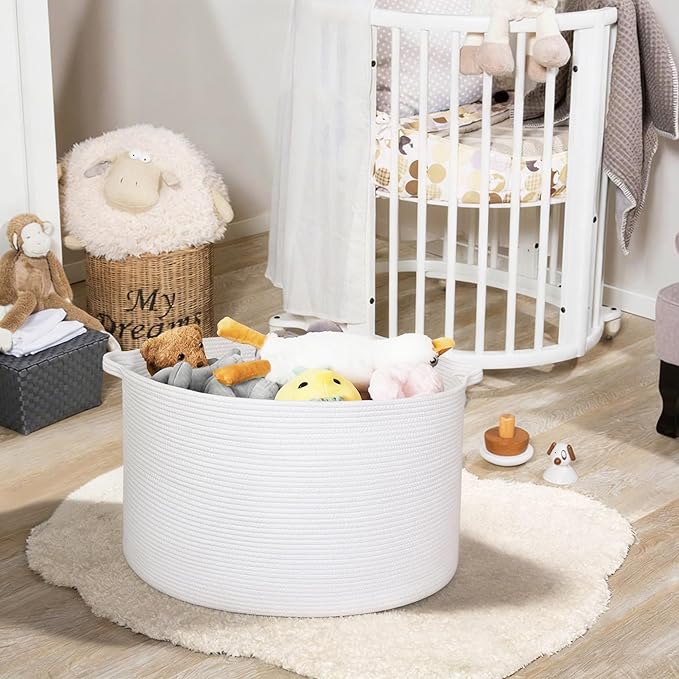 MEGASKET White Cotton Rope Storage Basket, 22" X 22" X 14" Extra Large Blanket Storage Living Room, XL Soft Toy Bin for Organ
