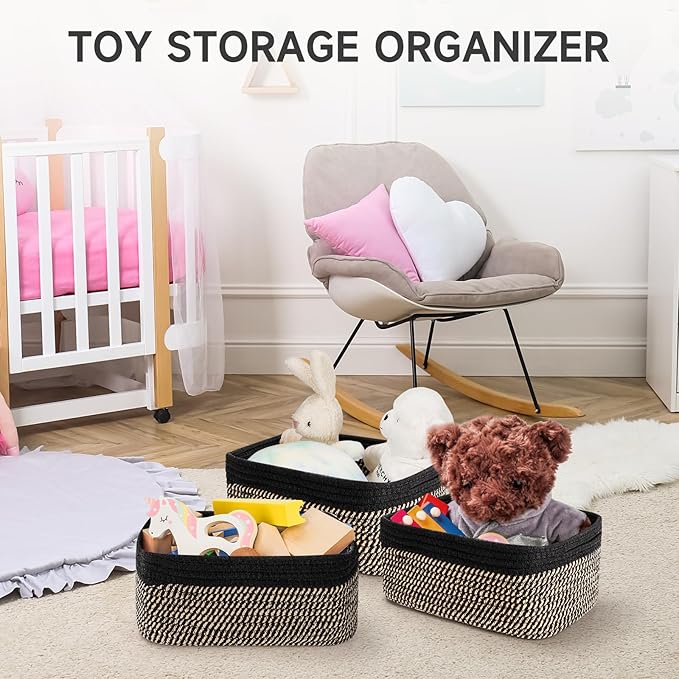 3-Pack Shelf Baskets for Organizing, Closet Organizer Bins, Small Woven Baskets, Rope Toy Basket, Storage Basket for Shelves,
