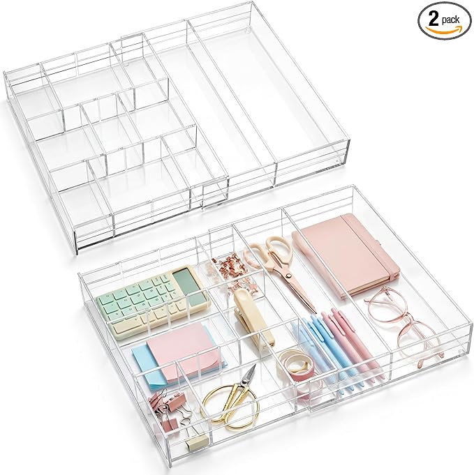 2 Pcs Acrylic Desk Drawer Organizer Maximum 11.8 x 17 x 1.9 Inch Expandable Drawer Organizer Trays with 7 Adjustable Compartm